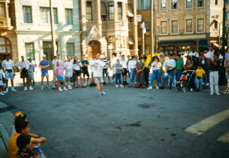 1990 Paul Roberts breakdancing look at the crowd early that morning at Universal in Orlando